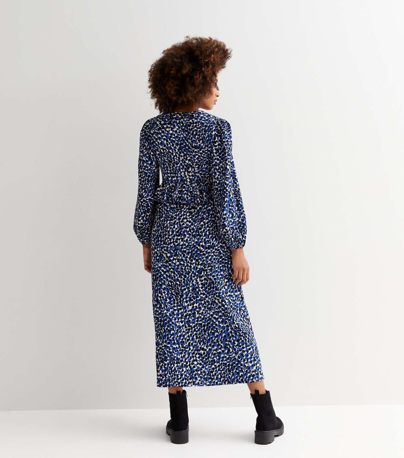 Blue Abstract Print V Neck Long Sleeve Midi Dress Image 4
