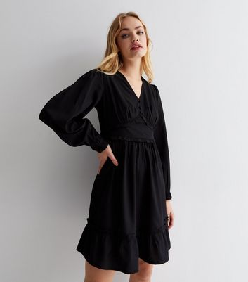 Black V Neck Long Sleeve Frill Mini Dress | New Look