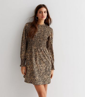 Brown Leopard Print Shirred Long Sleeve Mini Dress New Look
