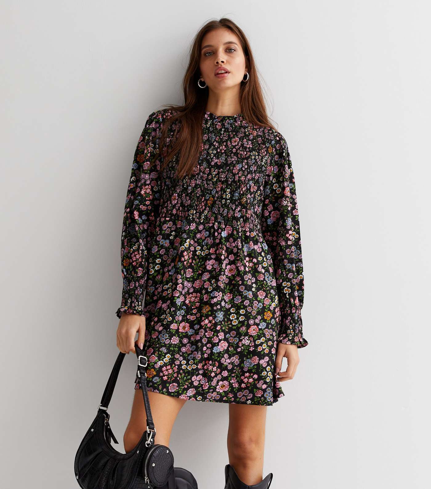 Black Floral Shirred Long Sleeve Mini Dress