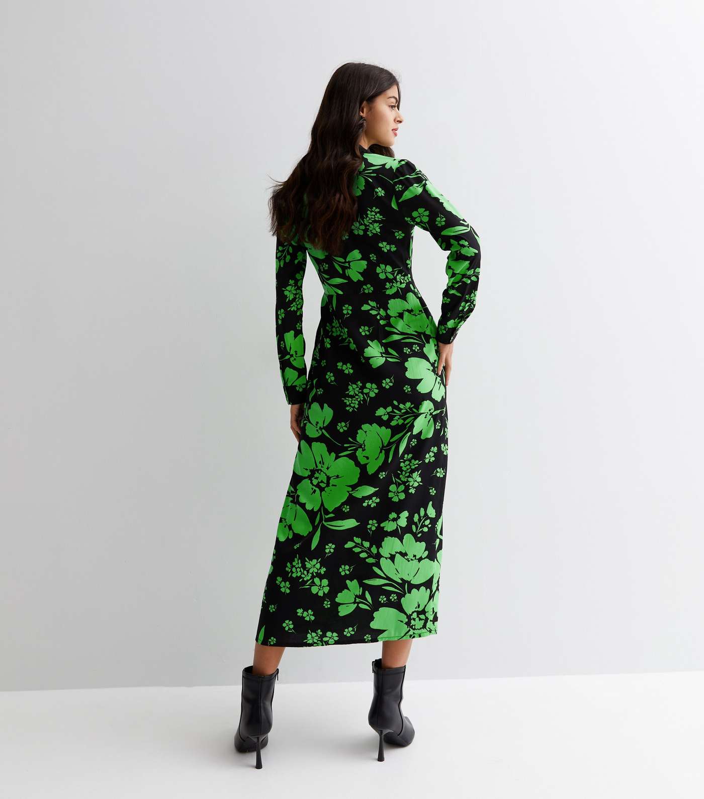 Black Floral V Neck Long Sleeve Slit Leg Midi Dress Image 4
