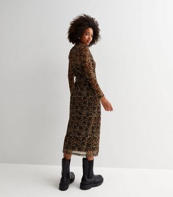 Brown Leopard Print Mesh Midi Dress - Matalan
