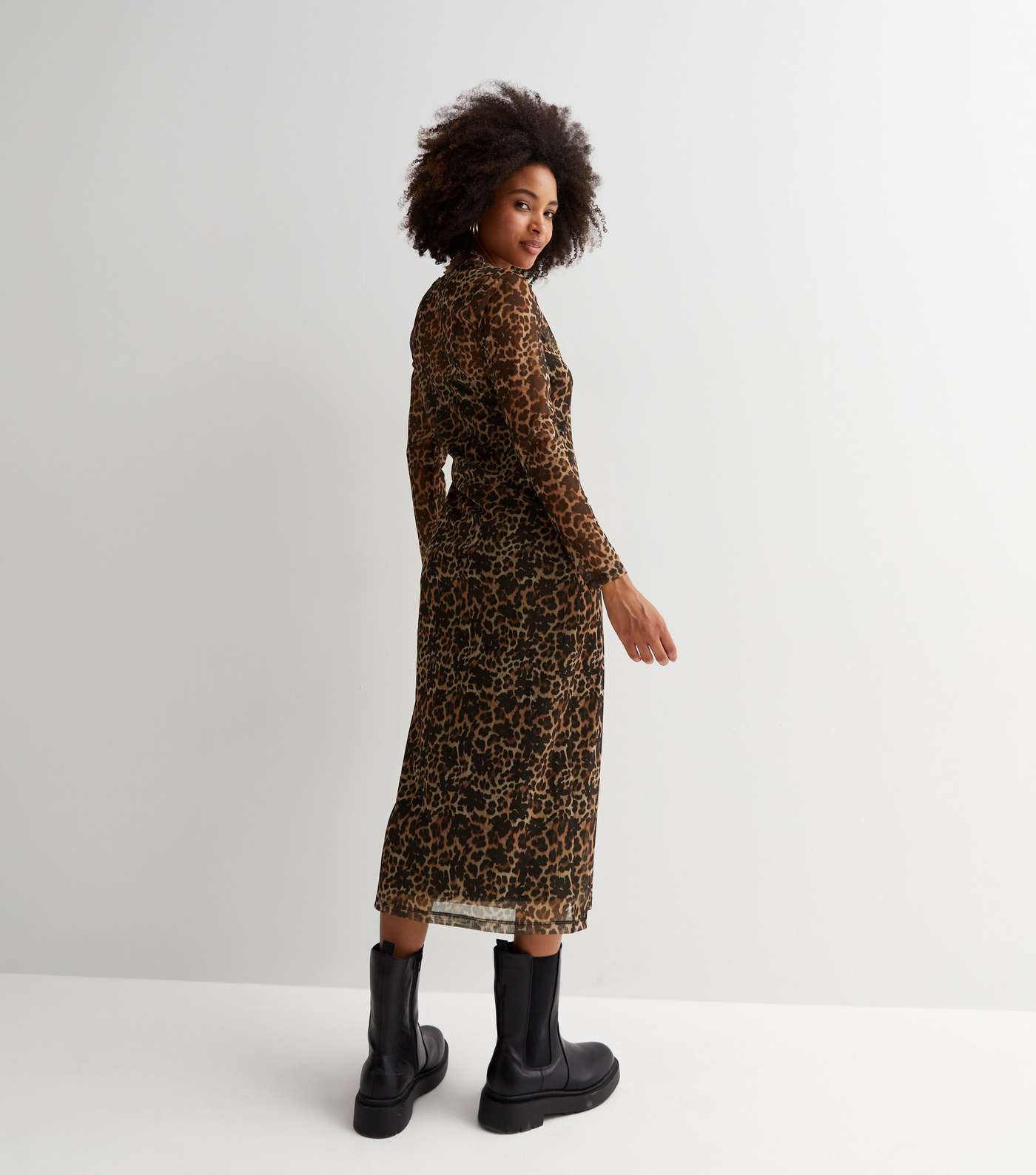 Brown Leopard Print Mesh Long Sleeve Midi Dress Image 4