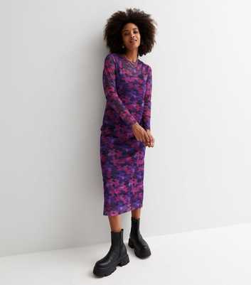 Purple Abstract Floral Mesh Long Sleeve Midi Dress
