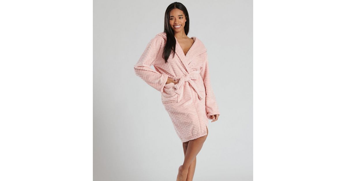 Loungeable Pink Zig Zag Fleece Hooded Dressing Gown New Look