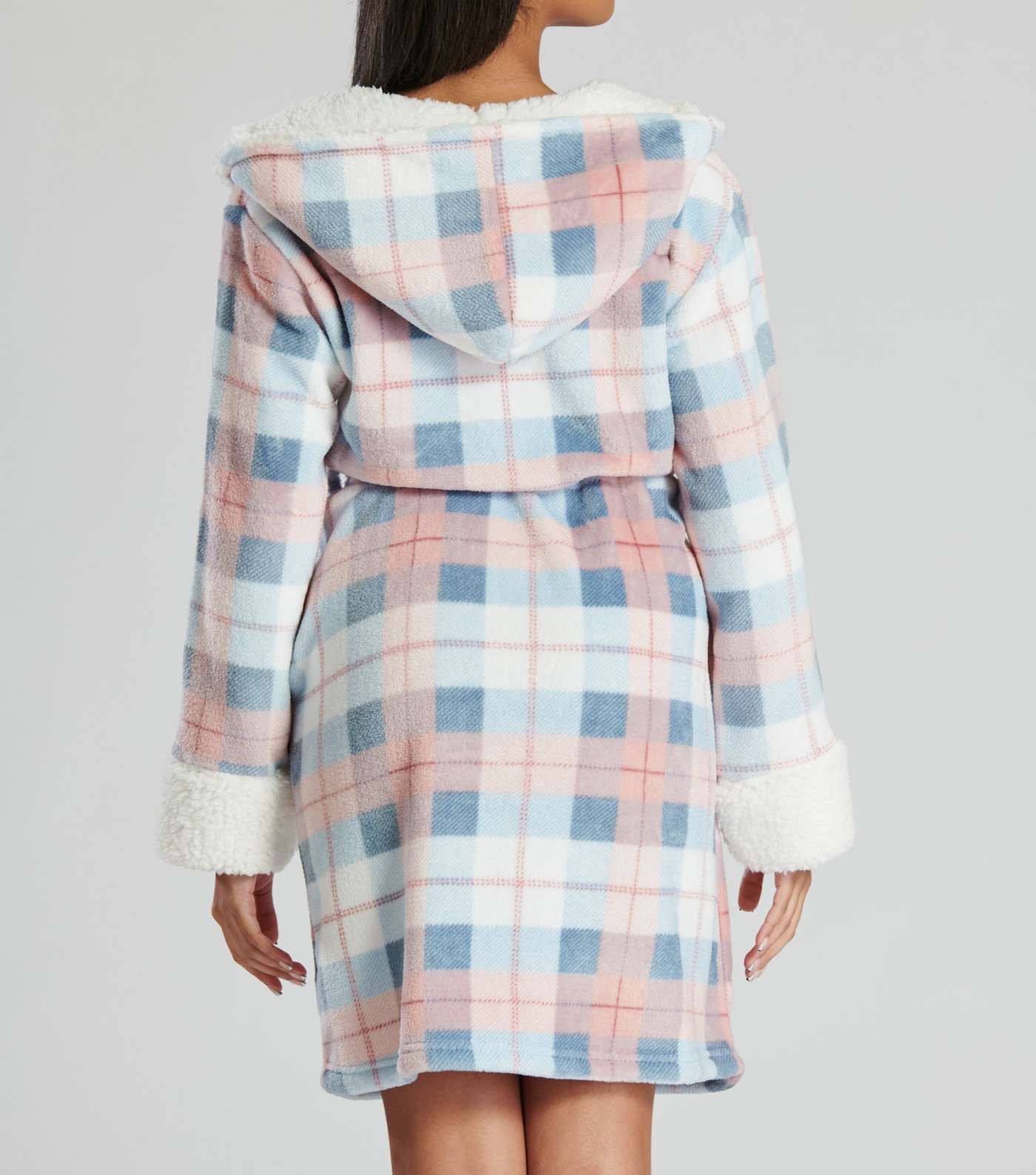 Loungable Multicoloured Check Teddy Lined Hooded Dressing Gown Image 3