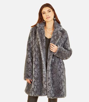 Yumi Grey Snake Faux Fur Long Coat New Look