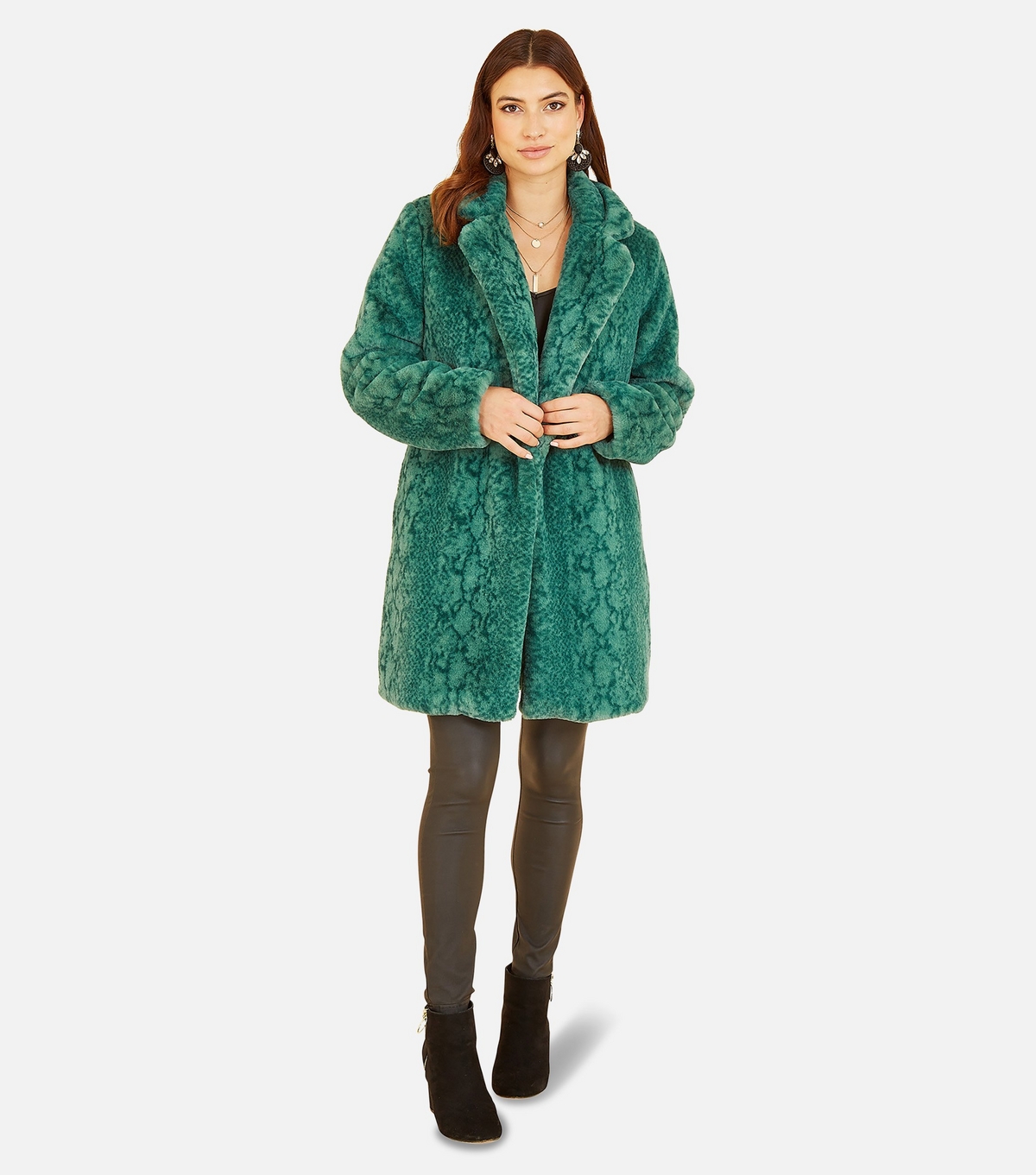 Women's Green Snake Faux Fur Long Coat Yumi New Look