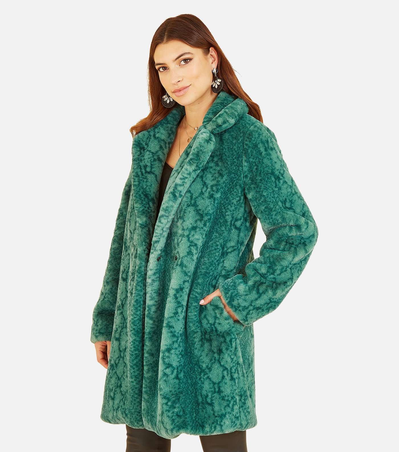 Yumi Green Snake Faux Fur Long Coat | New Look