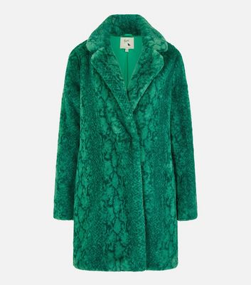 Yumi Green Snake Faux Fur Long Coat New Look