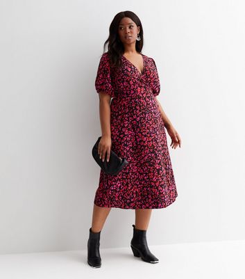 Curves Red Leopard Print Short Puff Sleeve Midi Wrap Dress New Look