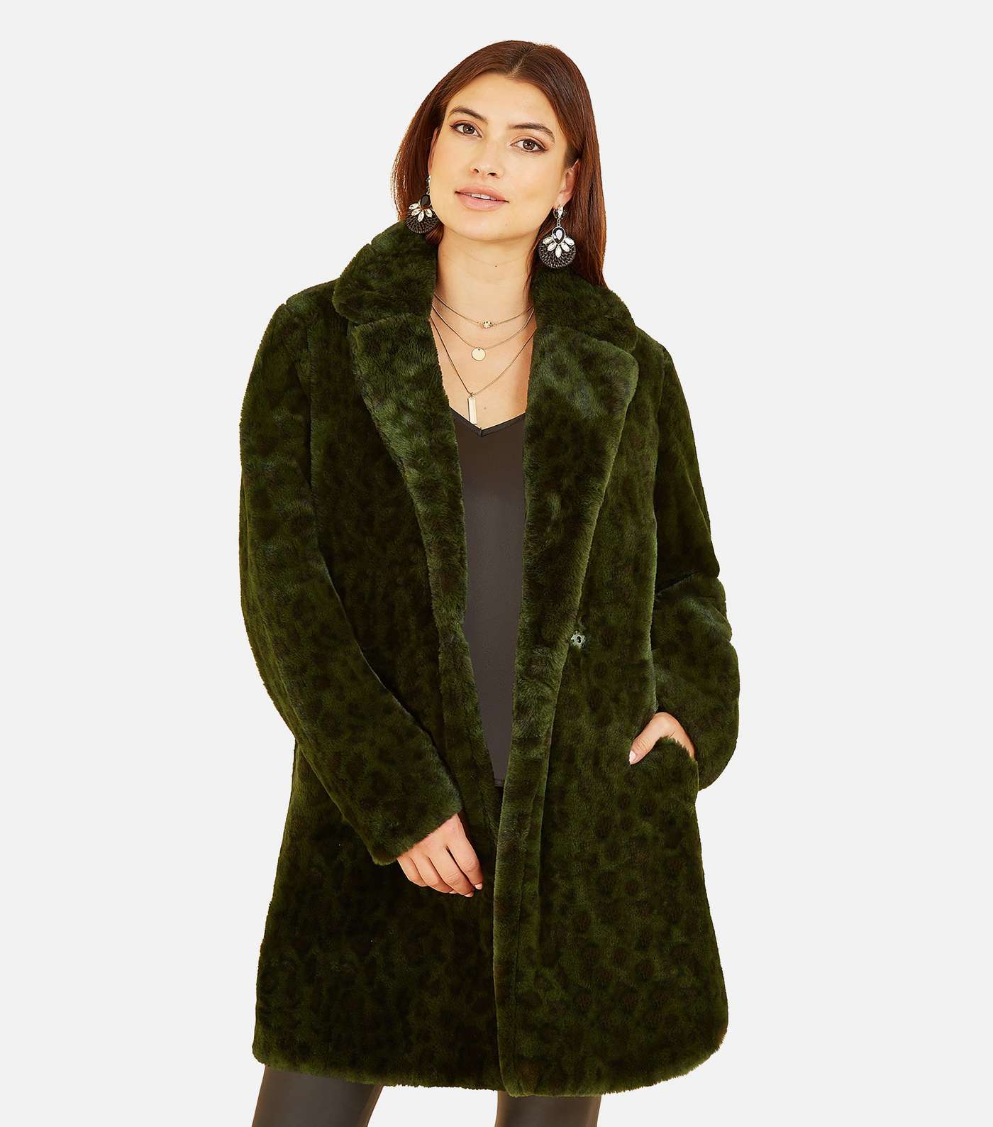 Yumi Dark Green Leopard Print Faux Fur Coat