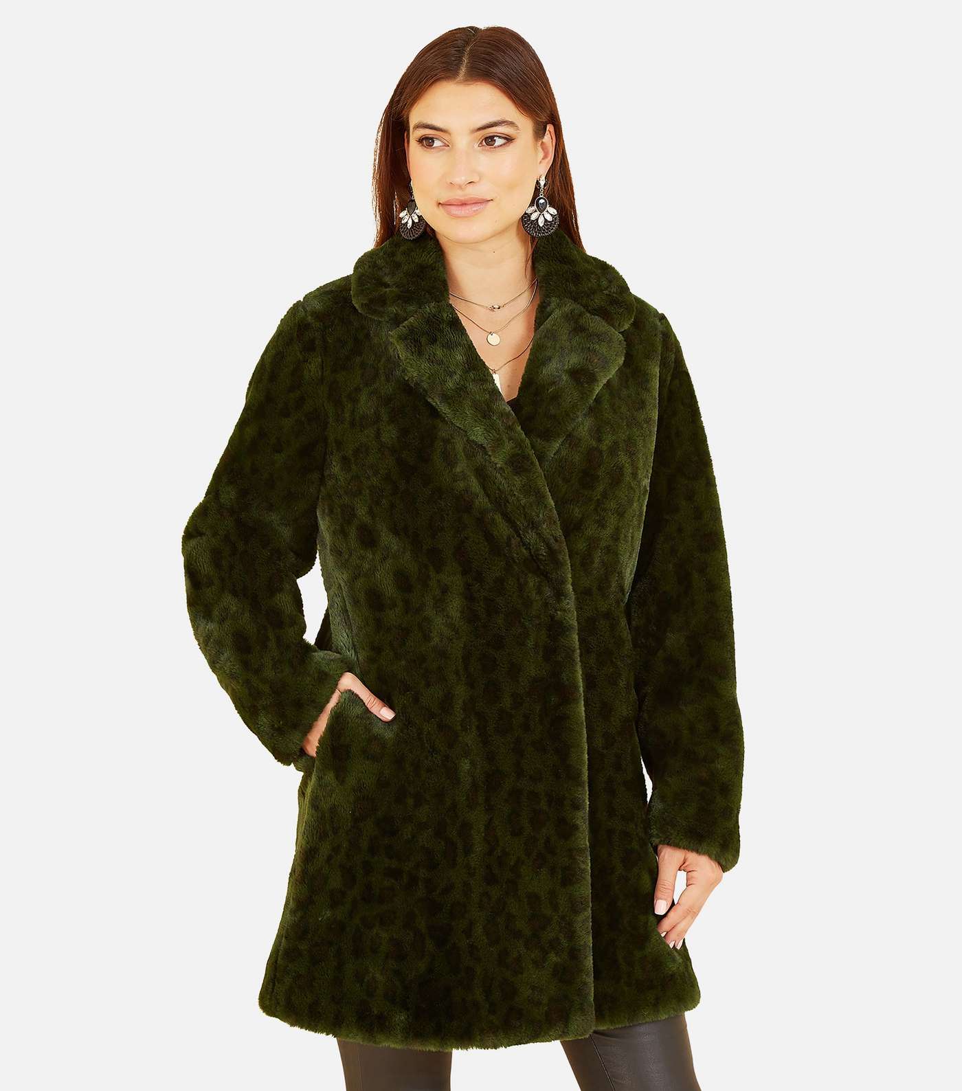 Yumi Dark Green Leopard Print Faux Fur Coat Image 3
