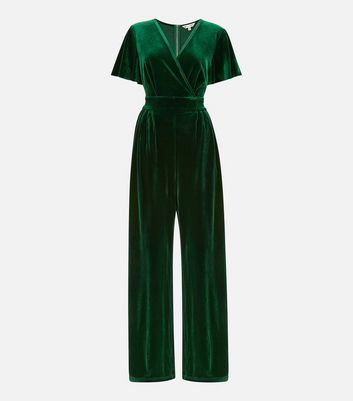 Yumi Dark Green Velvet V Neck Short Sleeve Wrap Jumpsuit New Look