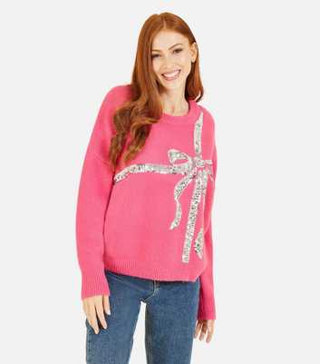 Yumi Mid Pink Sequin Embellished Bow Knit Jumper