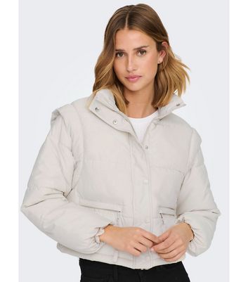 JDY Cream Detachable Sleeve Crop Puffer Jacket | New Look