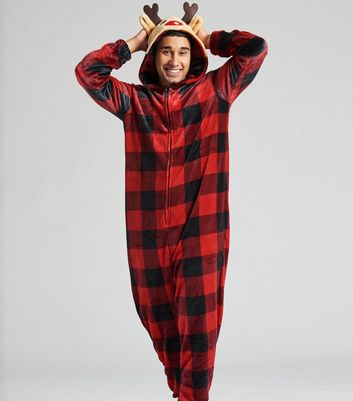 Loungeable Mens Red Check Fleece Reindeer Onesie New Look