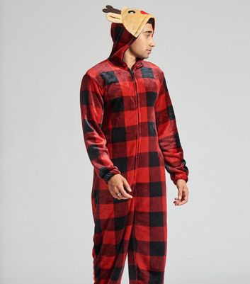 Loungeable Mens Red Check Fleece Reindeer Onesie New Look