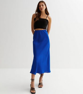 Bright Blue Satin Bias Cut Midi Skirt