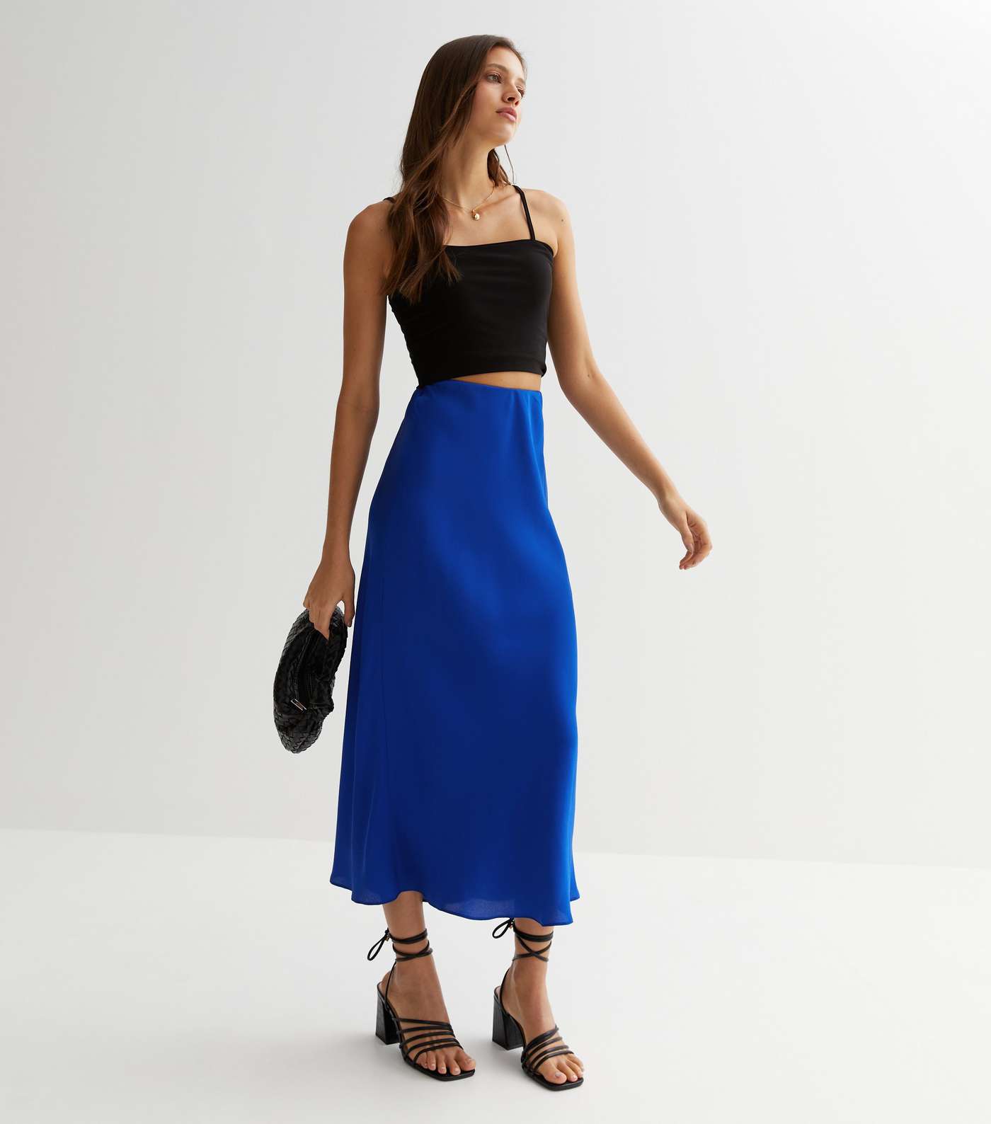 Bright Blue Satin Bias Cut Midi Skirt Image 2