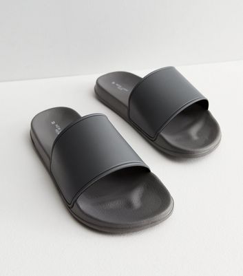 Men's Dark Grey Plain Sliders New Look