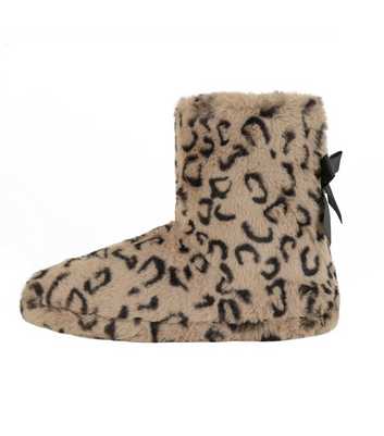 Loungeable Brown Leopard Print Bow Slipper Boots
