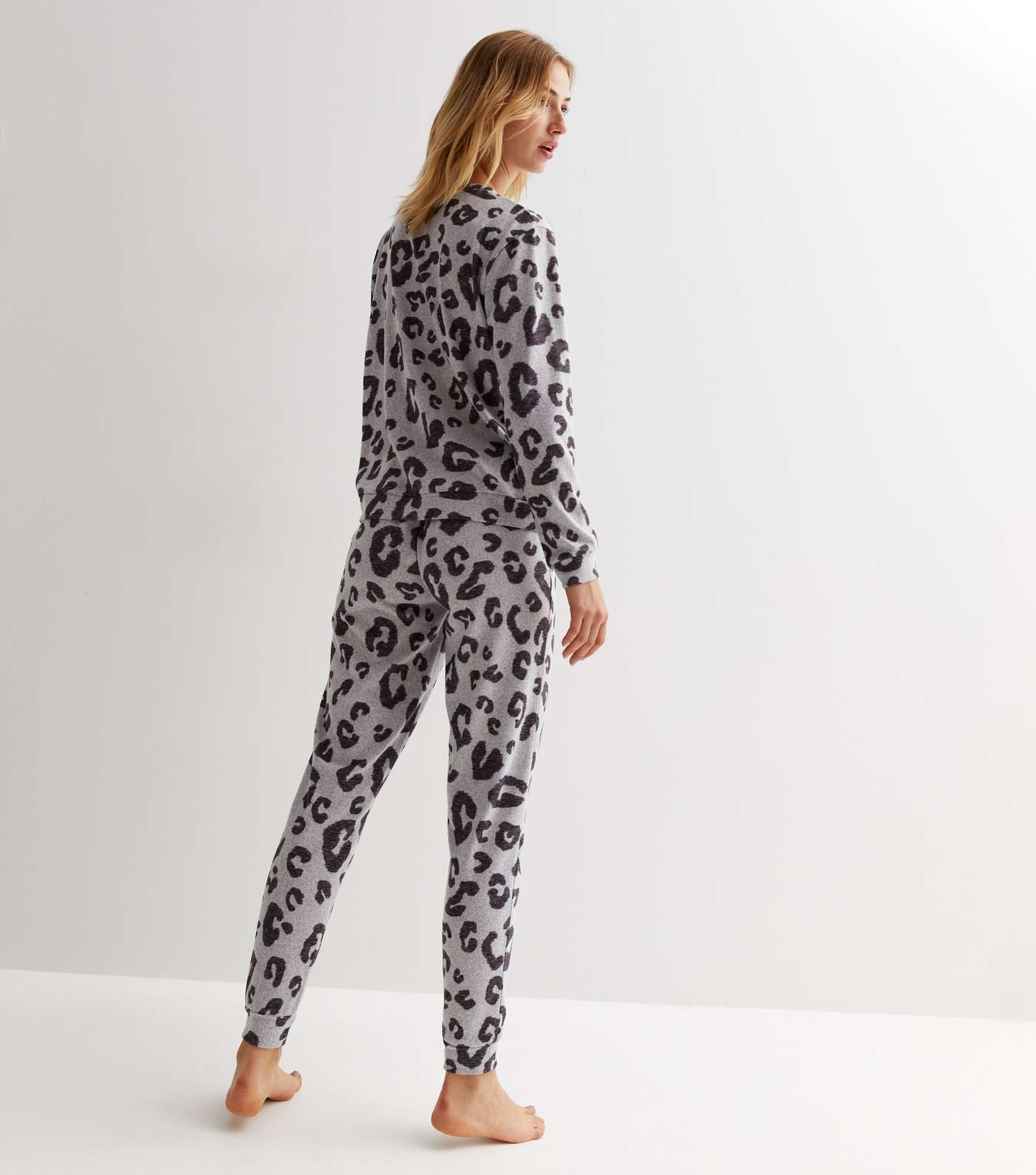Light Grey Soft Touch Pyjama Set with Leopard Print Image 4