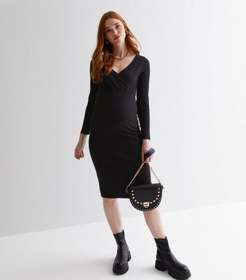 Maternity Black Ribbed Jersey Long Sleeve Midi Wrap Dress New Look