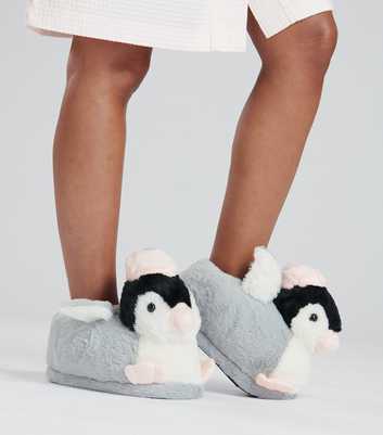 Loungeable Light Grey Faux Fur Penguin Slippers