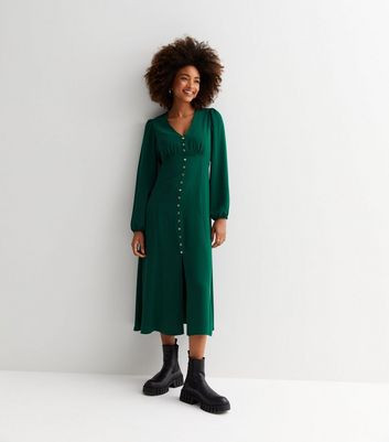 Long sleeve dark hot sale green maxi dress