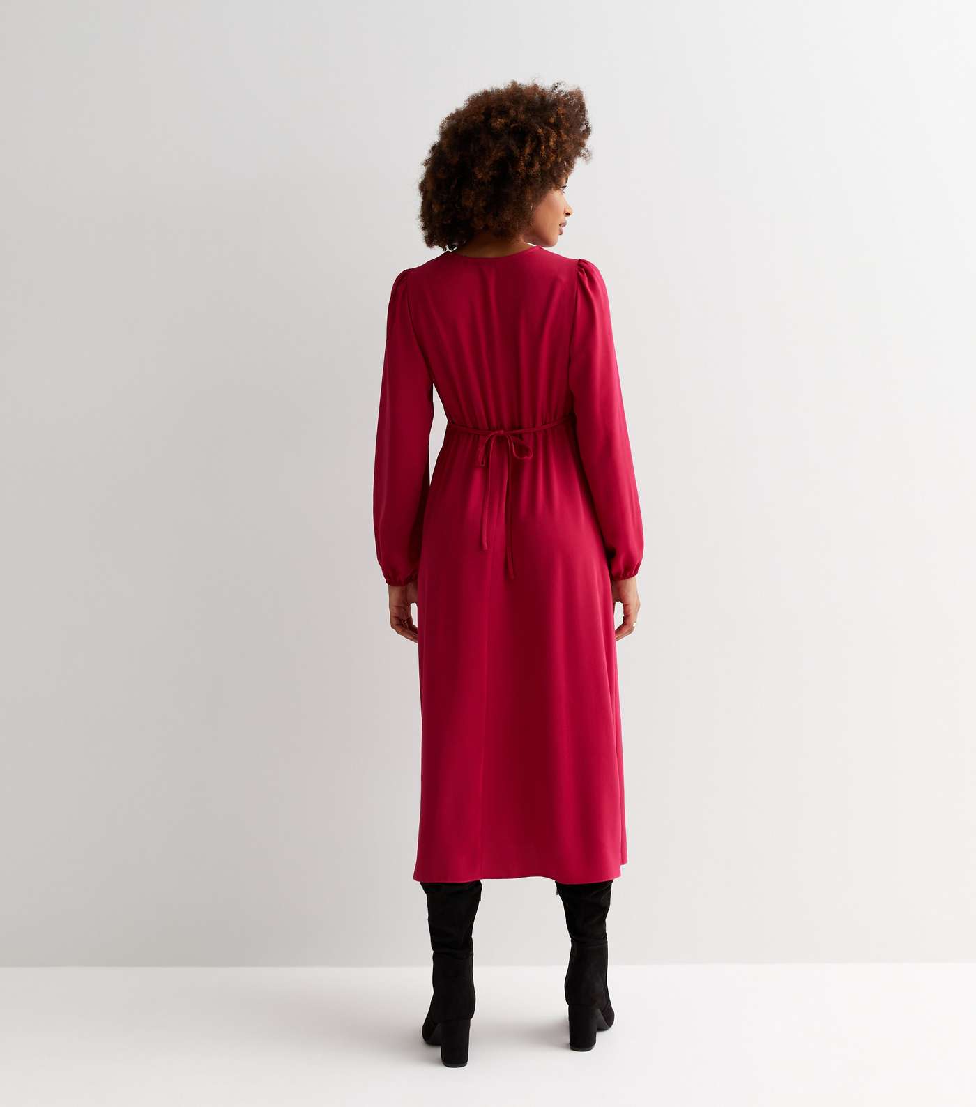 Pink V Neck Long Sleeve Button Front Maxi Dress Image 4