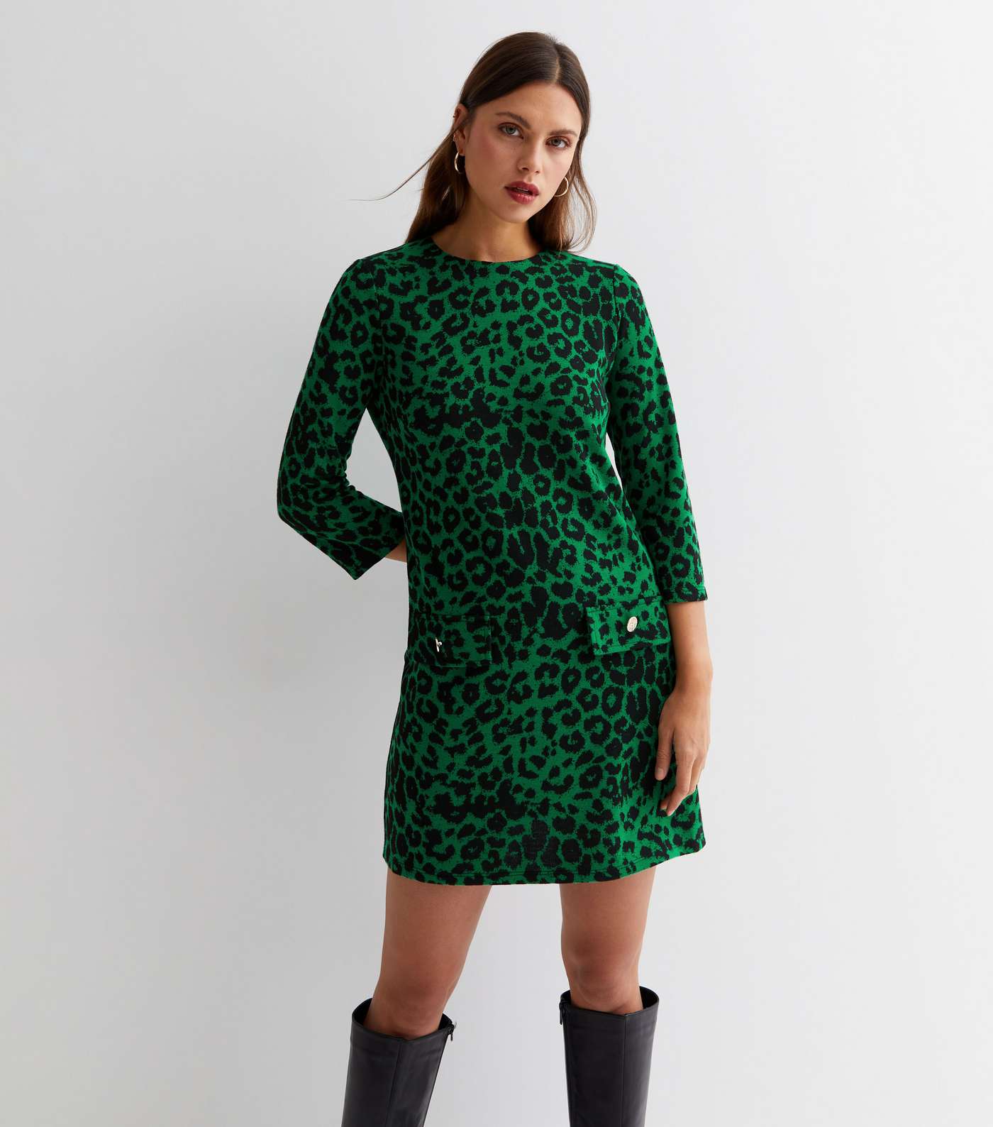 Green Animal Print Round Neck Long Sleeve Mini Dress