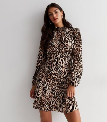 Brown Animal Print High Neck Long Sleeve Mini Dress New Look