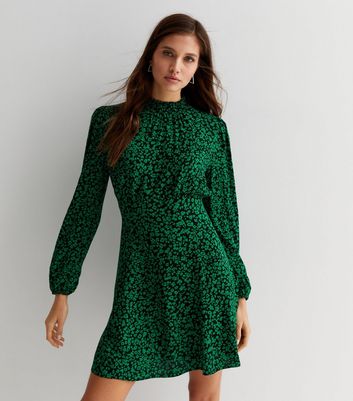 Dark Green Abstract Print High Neck Long Sleeve Mini Dress