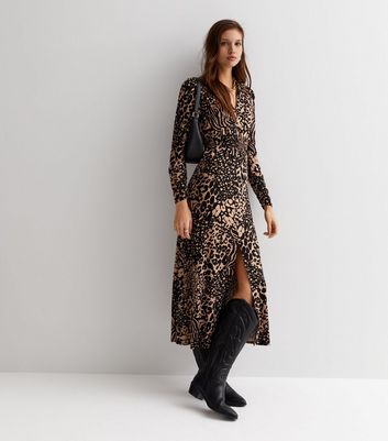 Black Animal Print Shirt Collar Midi Dress | New Look