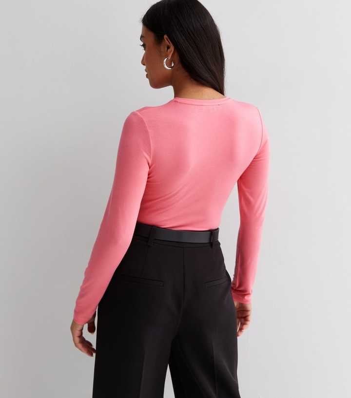 Pink Basic Crew Neck Long Sleeve Bodysuit