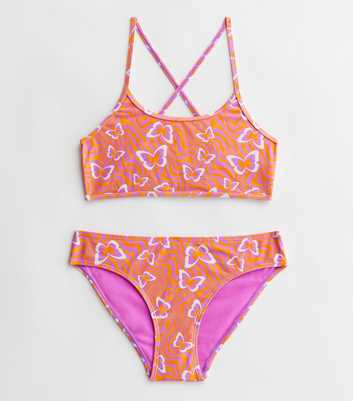 Girls Orange Butterfly Print Strappy Bikini Set