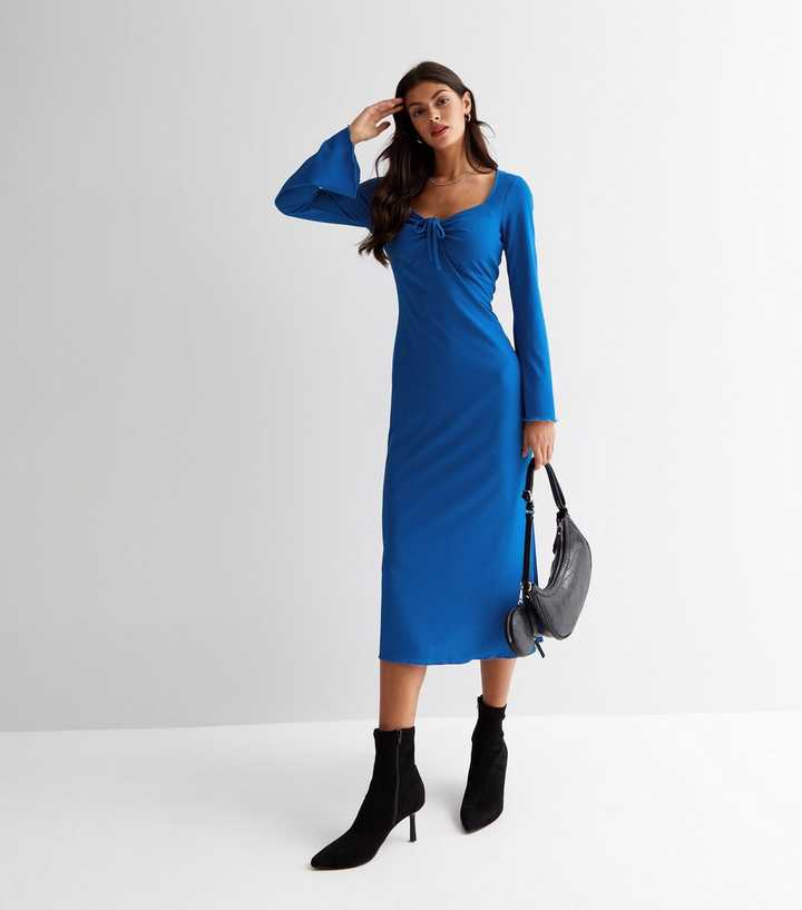 Buy Navy Blue Long Sleeve Ruched Detail Textured Midi Dress from
