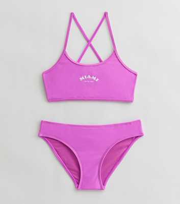 Girls Purple Miami Logo Cross Back Bikini Top and Bottom Set
