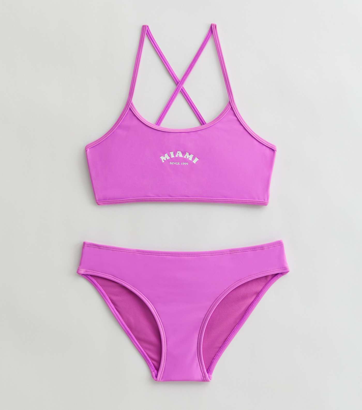 Girls Purple Miami Logo Cross Back Bikini Top and Bottom Set | New Look