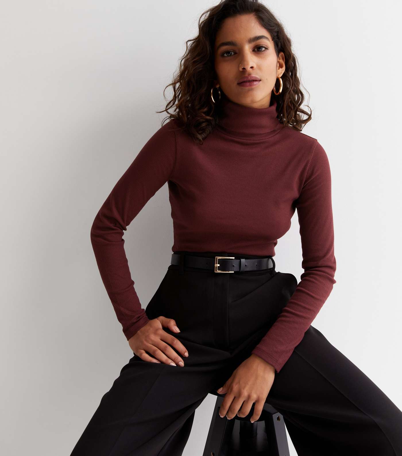 Petite Burgundy Ribbed Roll Neck Top