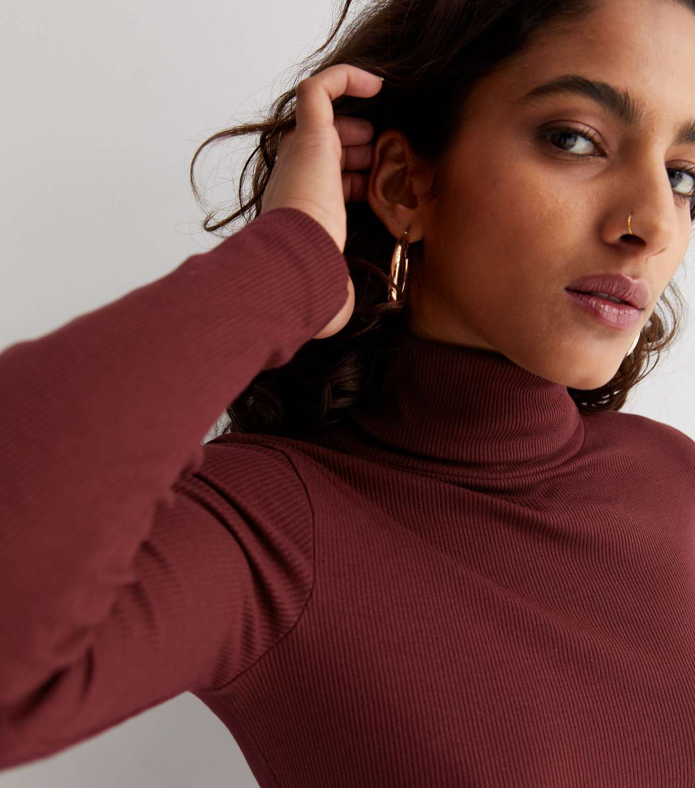 Petite Burgundy Ribbed Roll Neck Top Image 3
