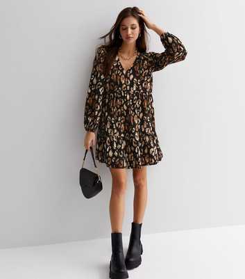 Black Leopard Print Tiered Mini Smock Dress