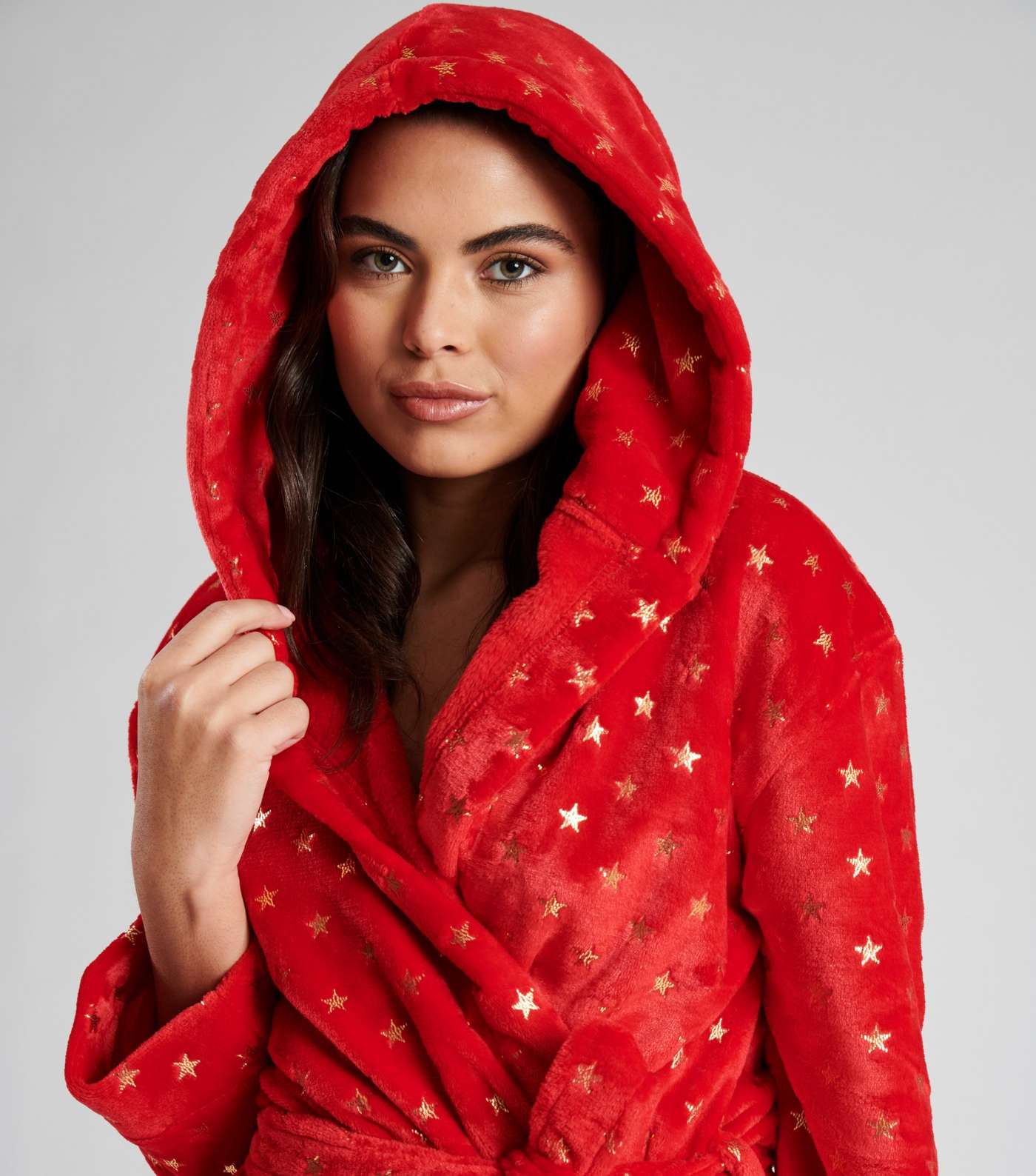Loungeable Red Metallic Star Fleece Hooded Dressing Gown Image 2