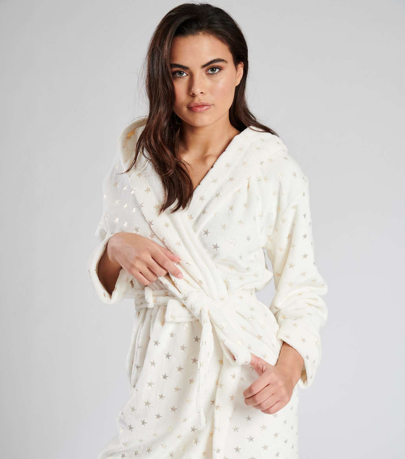 Loungeable Off White Metallic Star Fleece Hooded Dressing Gown Image 3