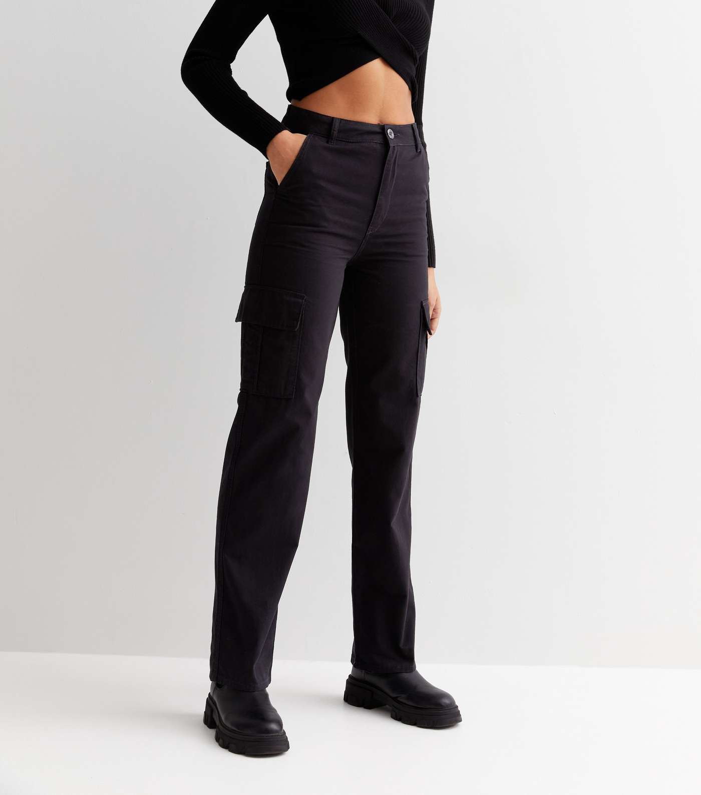Tall Black Slim Leg Cargo Trousers Image 2