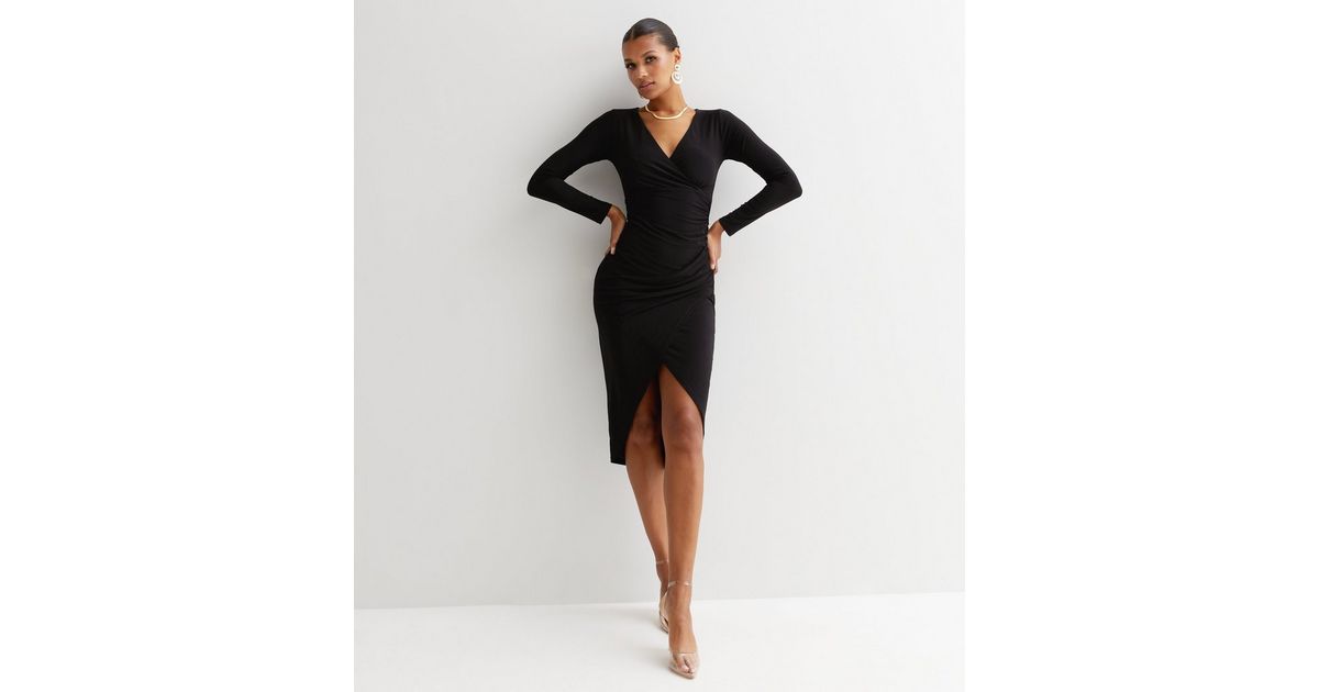Black Ruched Long Sleeve Midi Wrap Dress | New Look
