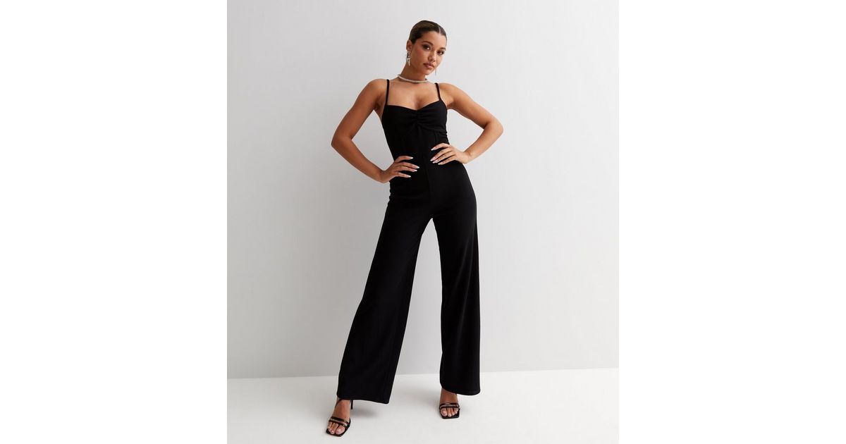 Black Ribbed Strappy Corset Wide Leg Jumpsuit New Look 