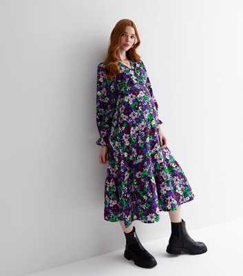 Maternity Purple Tiered Floral Midi Wrap Dress