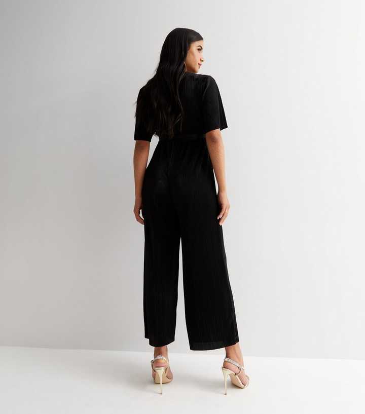 Maternity Black Plissé V Neck Wide Leg Wrap Jumpsuit